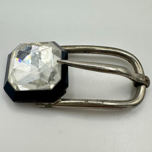 Made in France antique Art Deco silver tone clear black Czech glass belt buckle main image 5